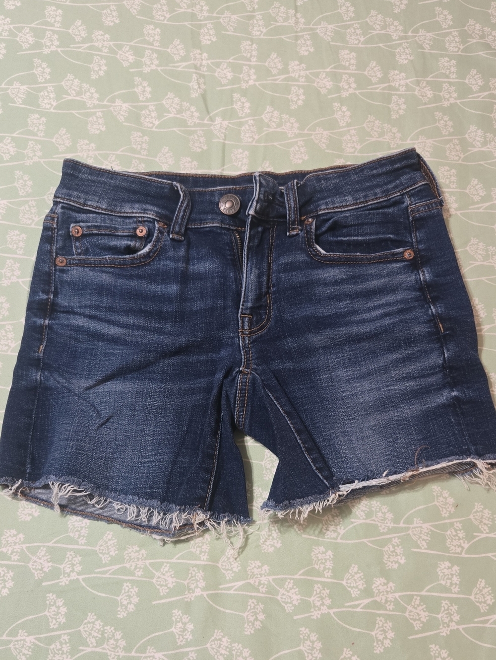AjAmerican Eagle Outfitters Dark Blue Frayed Midi Denim Shorts